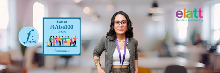 Image of person alongside text: "f:2026, I am an #iAlso100 2026, f:Entrepreneur".