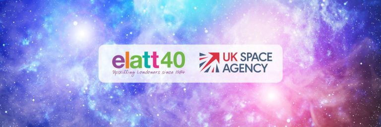 image of outer space with elatt40 logo next to UK Space Agency logo