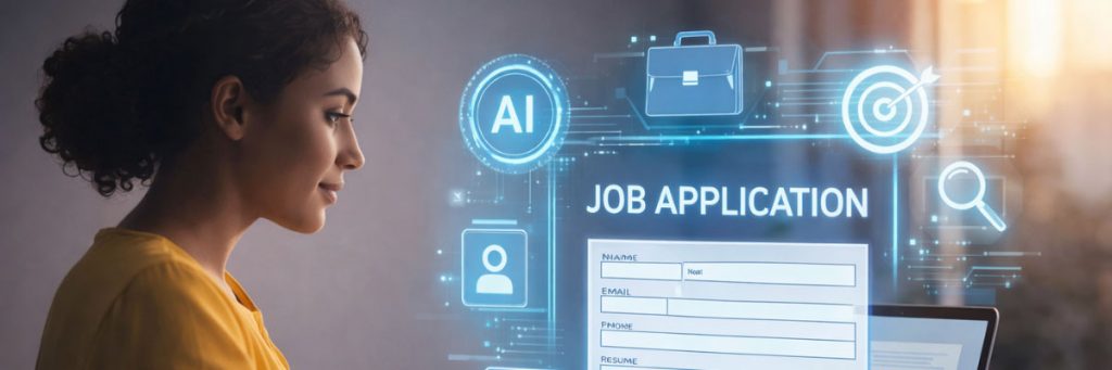 A woman using a laptop to complete a job application, with an AI-assisted digital interface and icons shown on screen. Image created using AI.
