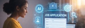 A woman using a laptop to complete a job application, with an AI-assisted digital interface and icons shown on screen. Image created using AI.