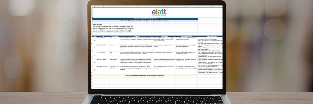 Excel intermediate practice workbook on a laptop screen