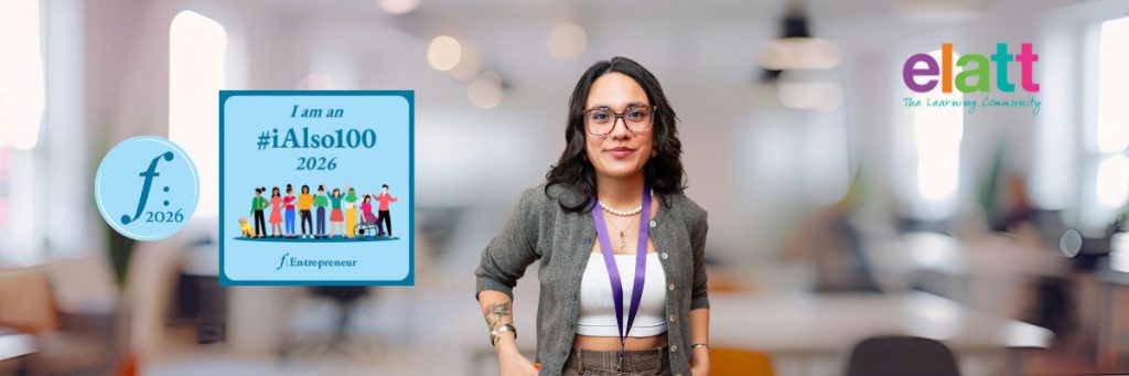 Image of person alongside text: "f:2026, I am an #iAlso100 2026, f:Entrepreneur".