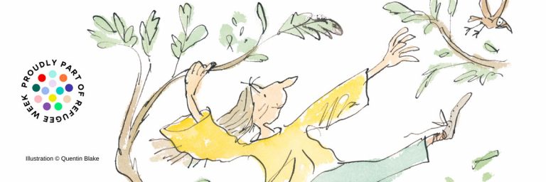 Cartoon illustration of person swinging from tree branch to tree branch. Illustration by Quentin Blake. Text on side says: "Proudly part of refugee week".